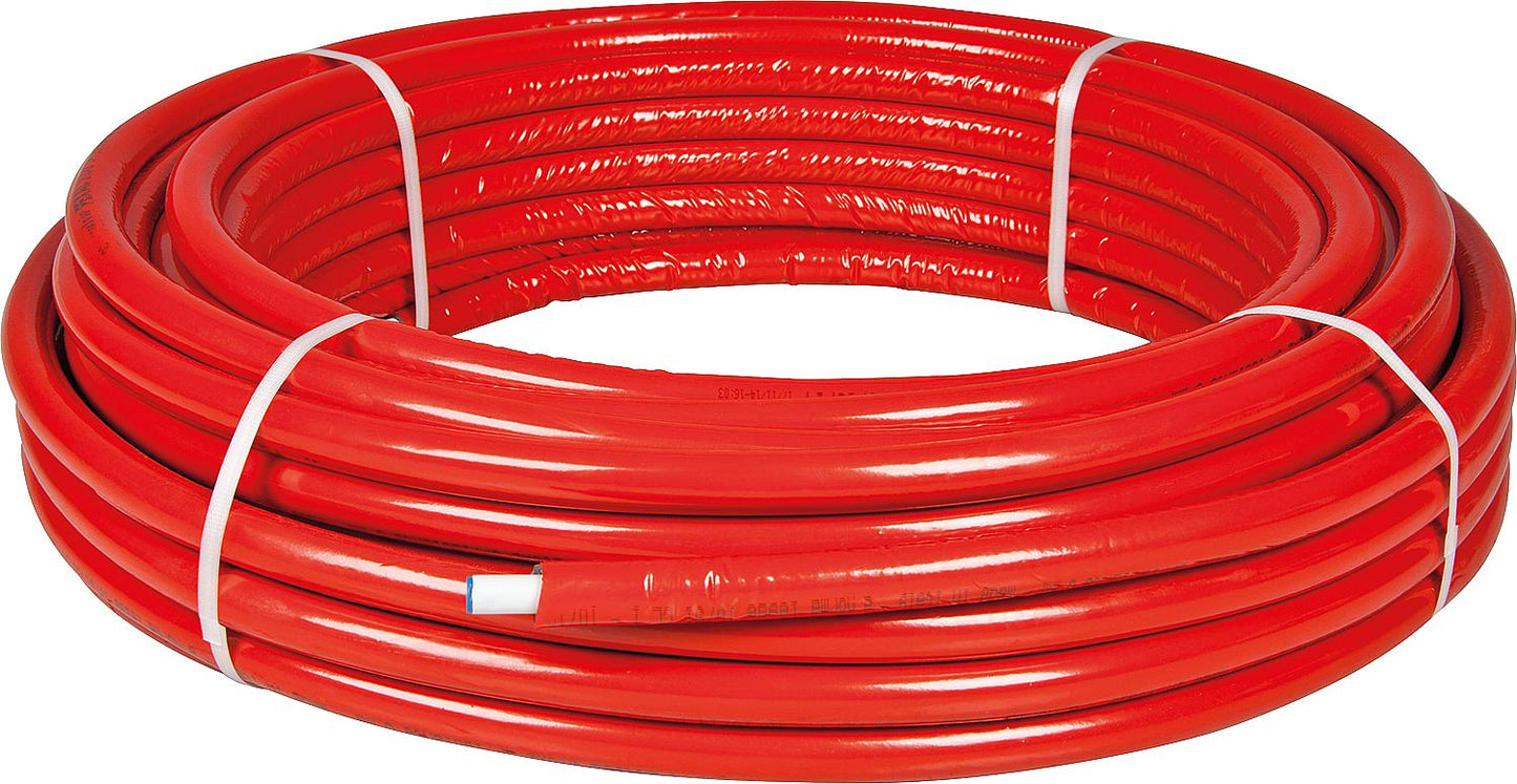 Metal composite pipe in rolls 16x2mm with red insulation, 20mm diameter, pack size = 50m, EnEV 100%