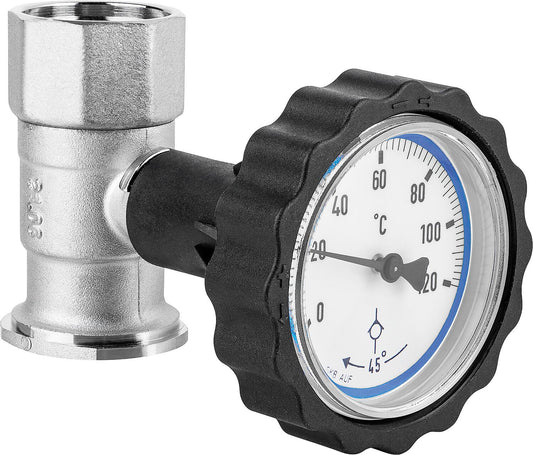 RL-Pumpenflanschkugelhahn 1" mit Thermometerhandgriff blau und Schwerkraftbremse
