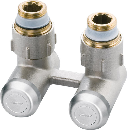 Zweirohr-Hahnblock EV-A Eck vernickelt 15 mm mit Nippel 3/4x1/2''AG