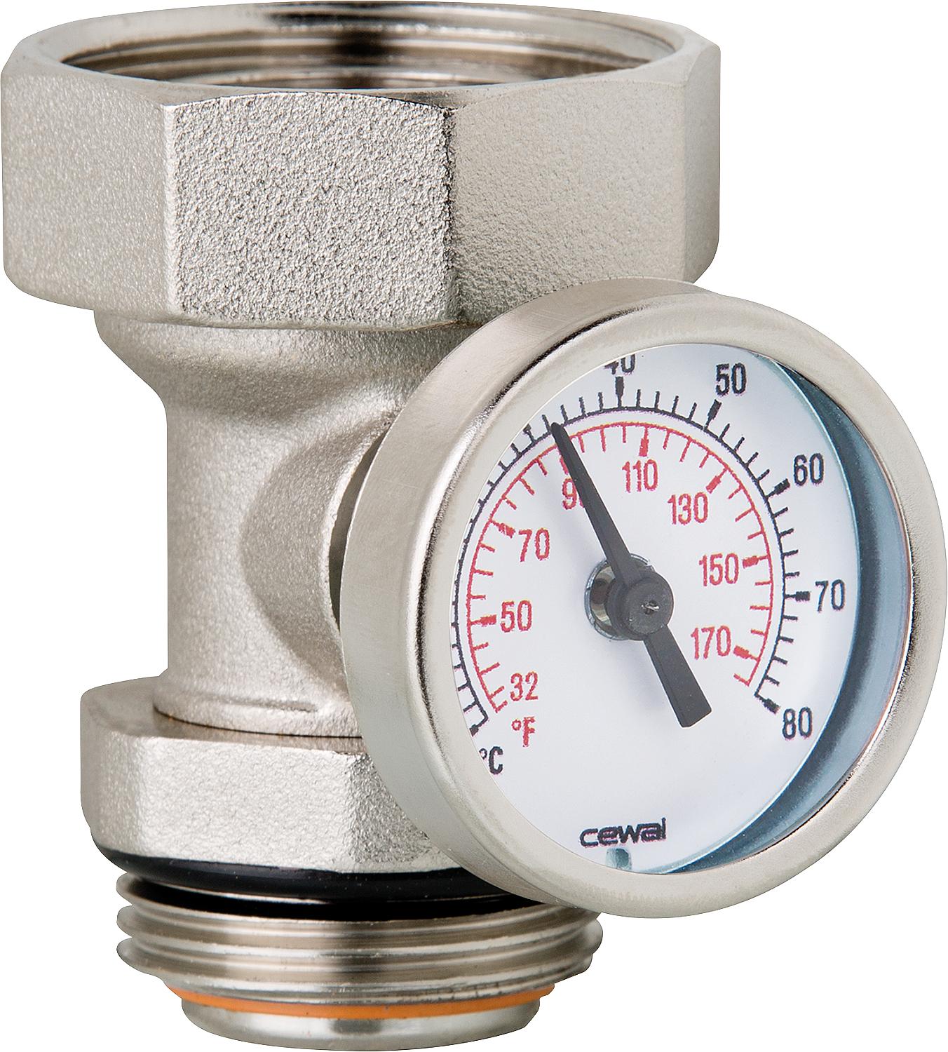 DN 25 self-sealing connection fitting with rotating thermometer