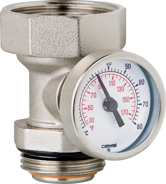 DN 25 self-sealing connection fitting with rotating thermometer
