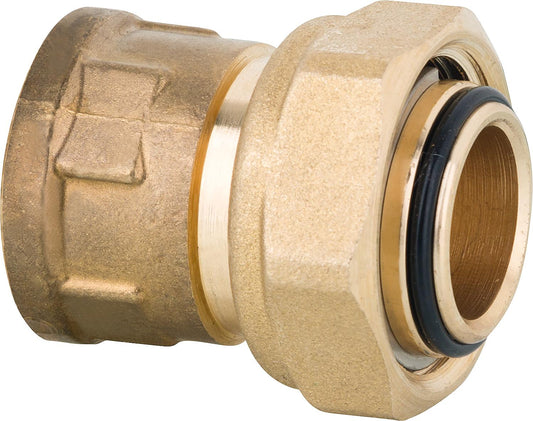 Screw connector with rotating nut, through-hole female thread x female thread, 1/2" female thread x 1/2" female thread, bare brass