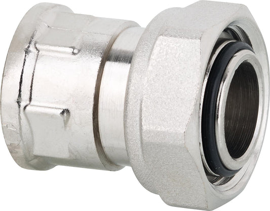 Screw connector with rotating nut, through-hole female thread x female thread 1/2" female thread x socket, nickel-plated