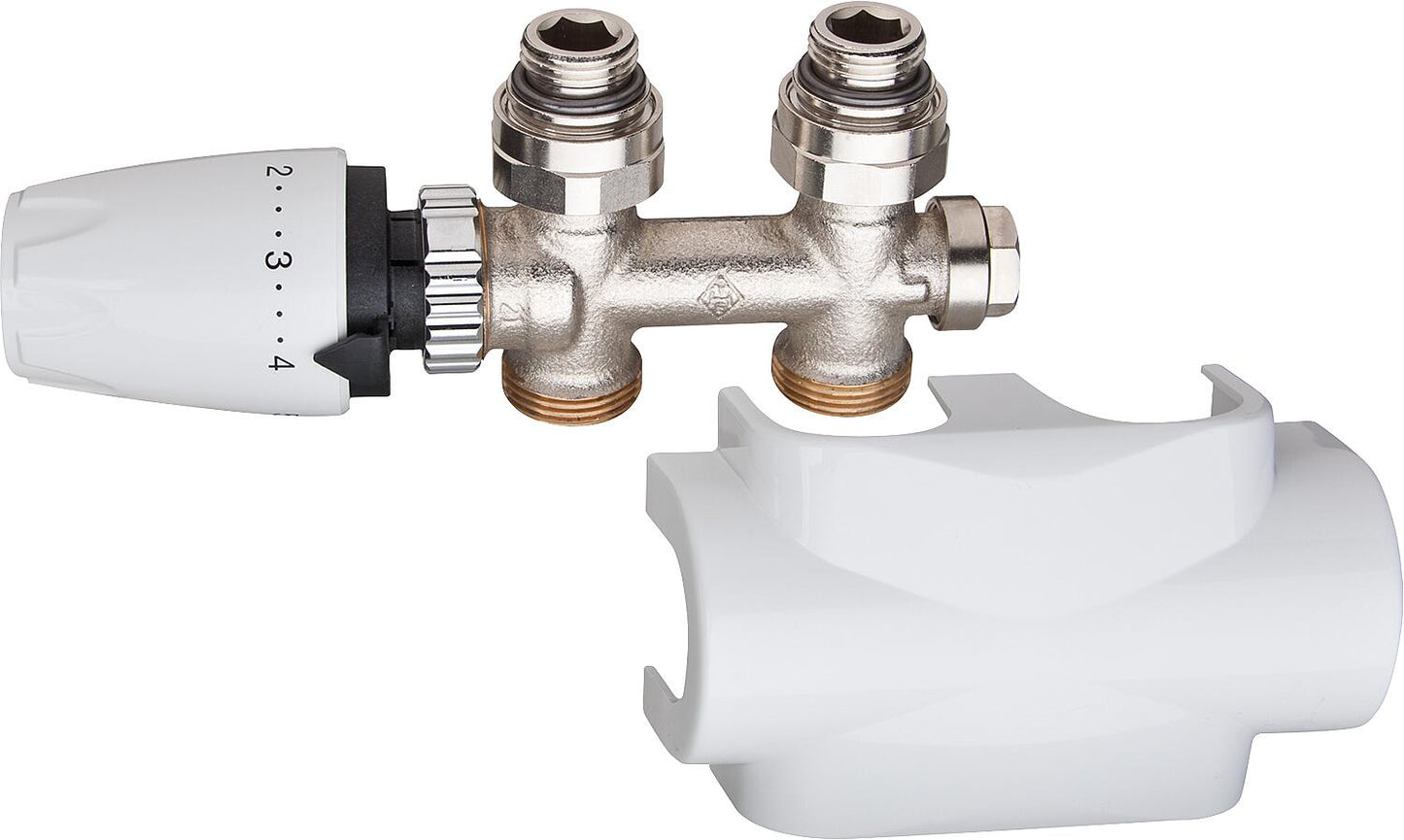 Ensemble de vannes à flux traversant IMI Multilux, comprenant un couvercle blanc et une tête de thermostat DX.