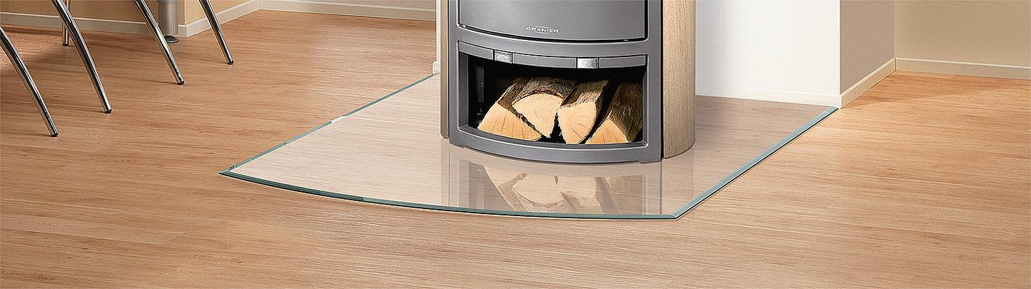 Glass hearth plate for wood-burning stove, 6mm thick, curved B6