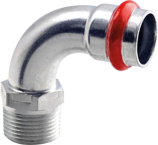 Carbon steel press fitting V-profile transition bend 90° with male thread 15 mm x DN 10 (3/8")