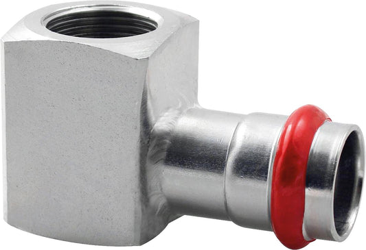Carbon steel press fitting V-profile transition elbow with female thread outlet 15 mm x DN 15 (1/2")