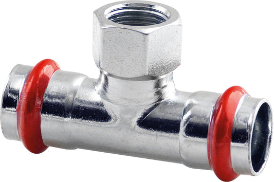 Carbon steel press fitting V-profile transition tee with female thread outlet 15 mm x DN 15 (1/2") x 15 mm