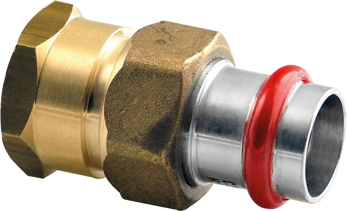 Carbon steel press fitting, V-profile, straight-through fitting with female thread, flat seal. 15 mm x DN 15 (1/2")