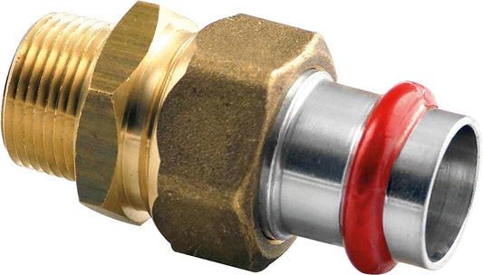 Carbon steel press fitting, V-profile, straight-through fitting with male thread, flat seal, 15 mm x DN 15 (1/2")