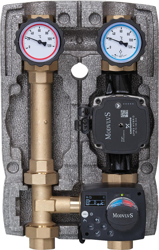 Discharge set DN25 Easyflow motorized Grundfos UPM3 Hybrid 25-70, adjustable temperature range 20°C-80°C