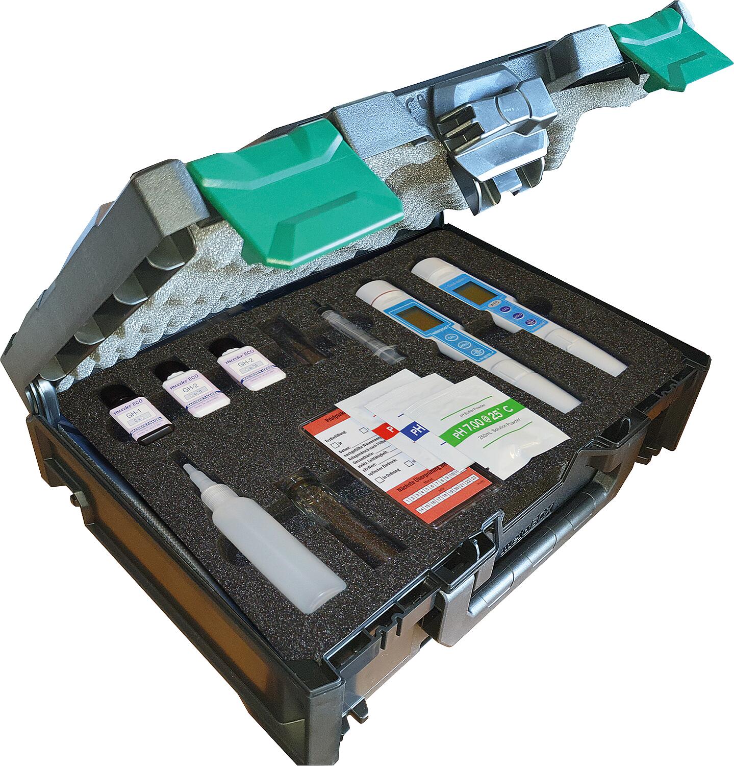 Heating water testing box including measuring/maintenance instruments