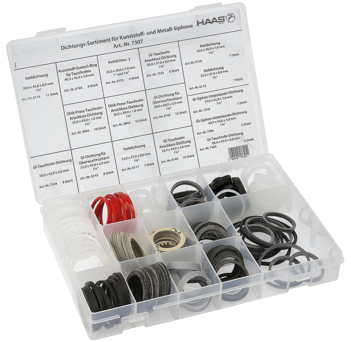 Seal assortment for plastic/metal siphons. Contents: 125 pieces.