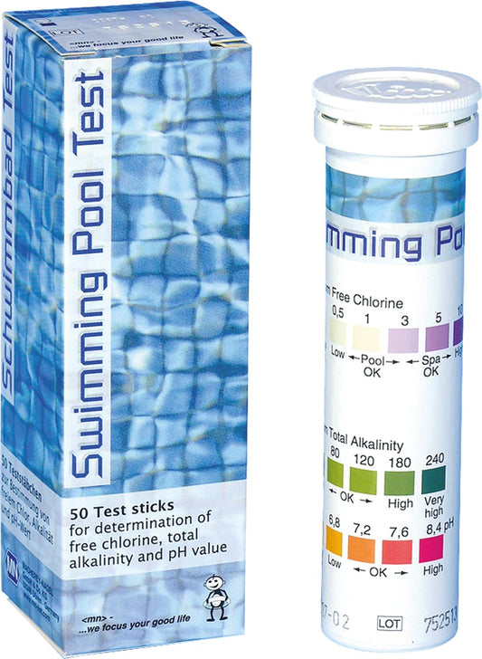 Swimming pool test for determining chlorine, total chlorine, alkalinity, total hardness and pH