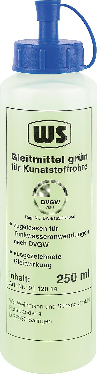 Lubrifiant WS pour tuyaux en plastique, vert, testé DVGW, flacon doseur de 250 ml