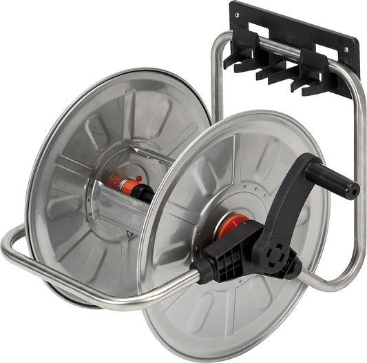 Wall-mounted hose reel made of stainless steel, connecting elements made of plastic including bracket