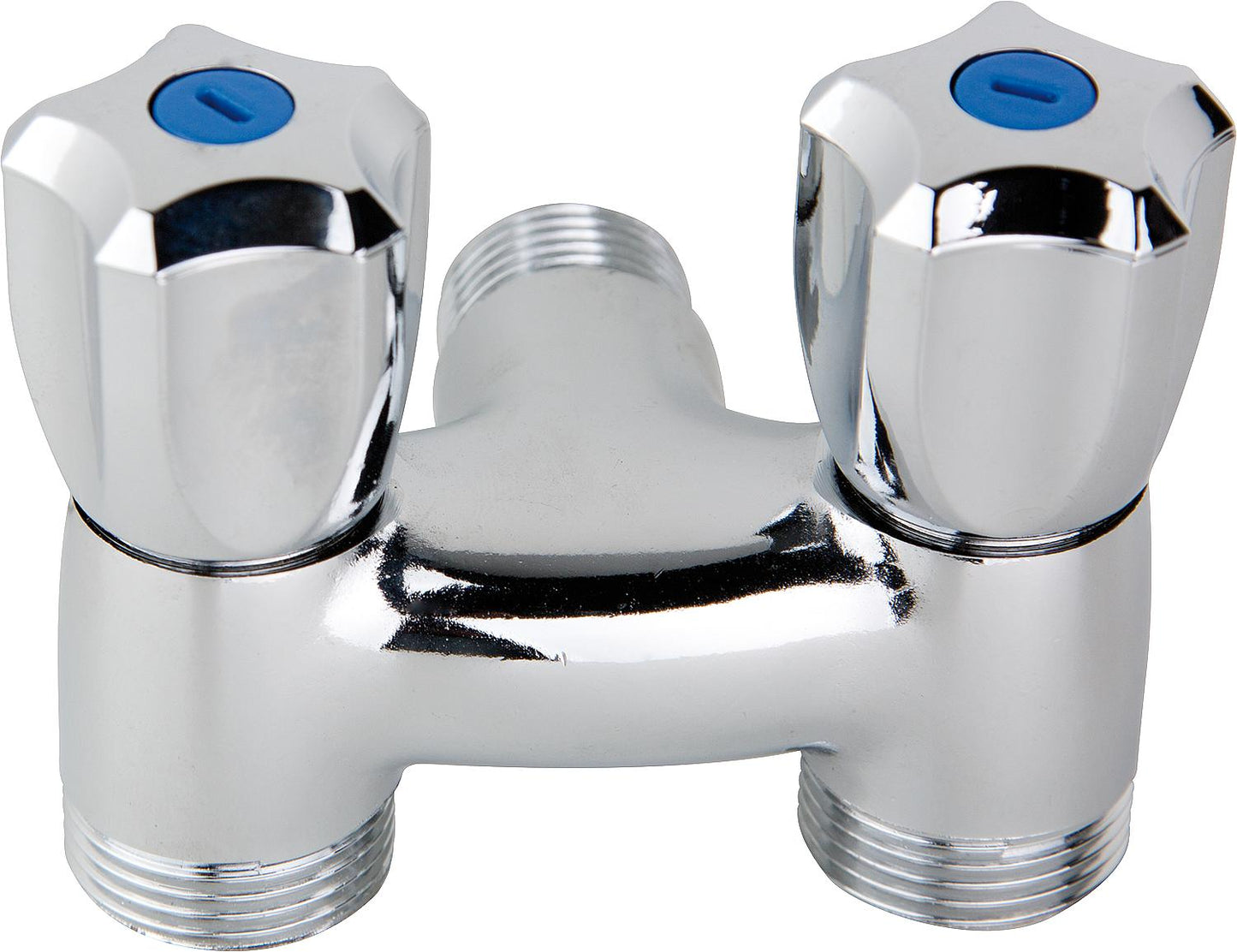 Robinet double pour machine à laver, chromé, 2 sorties, filetage mâle 3/4" x filetage mâle 1/2" x filetage mâle 3/4".