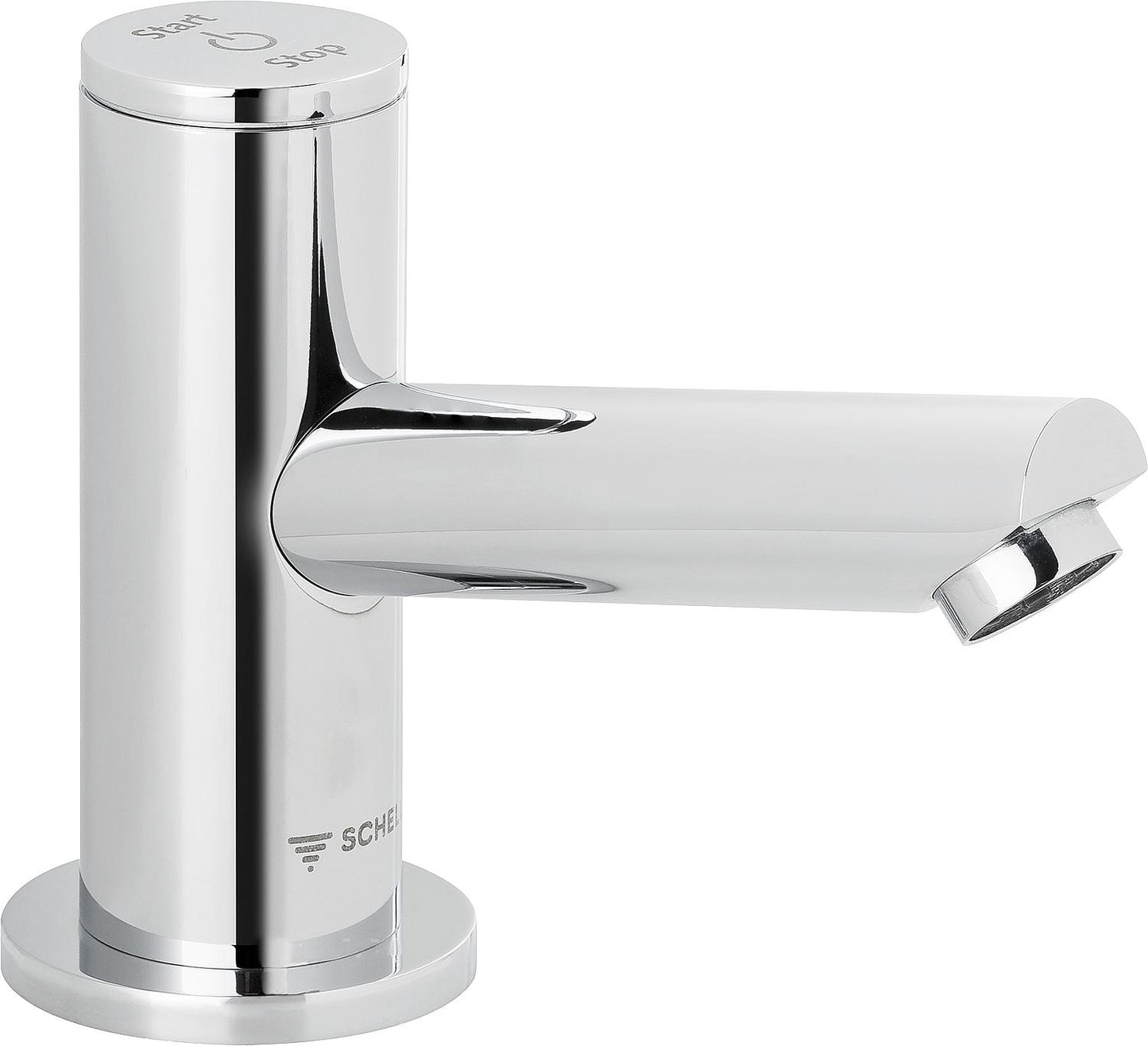 Self-closing stand valve Schell Tipus P, battery operated, projection 100 mm, chrome