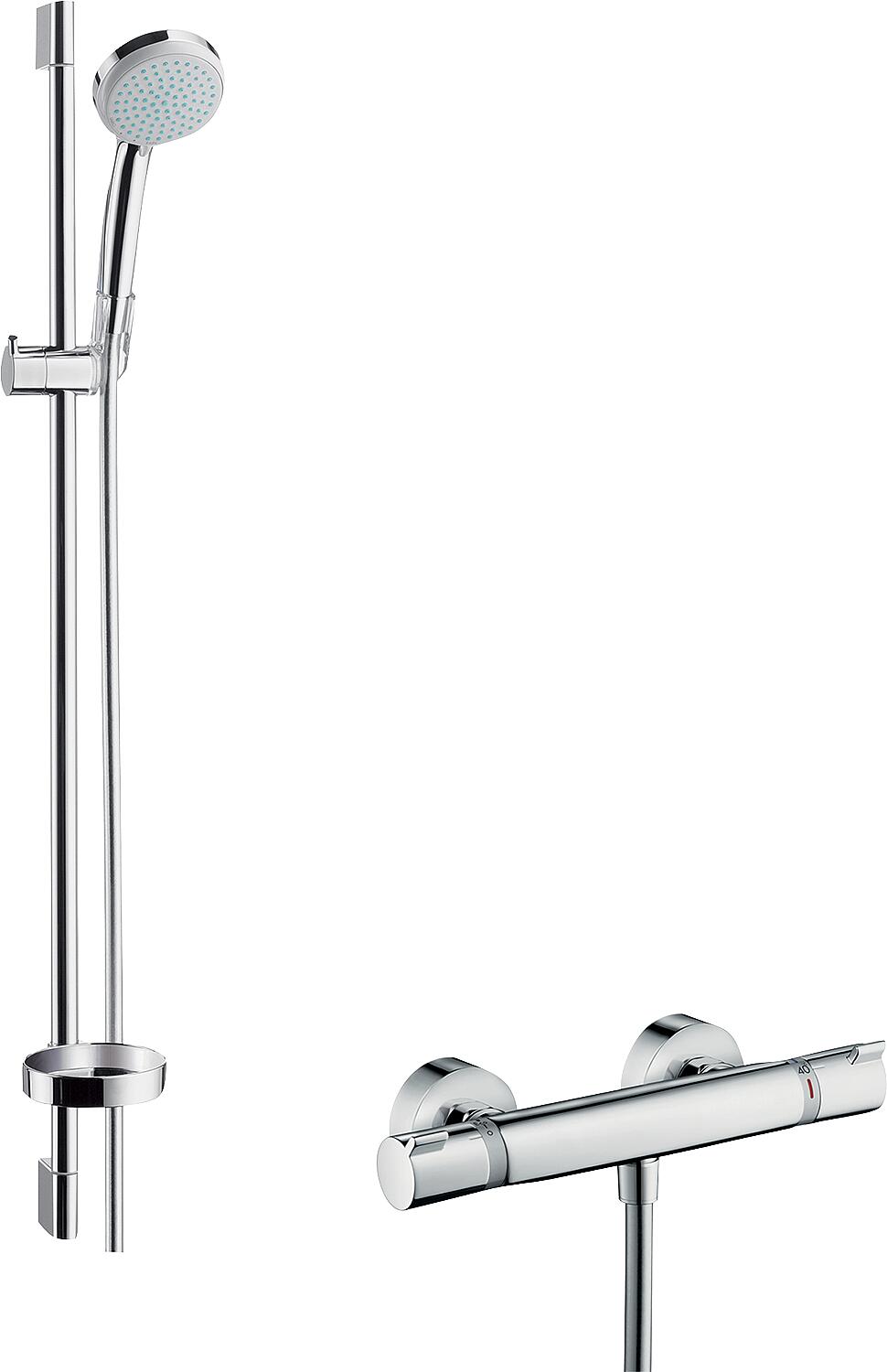 Hansgrohe Ecostat Comfort shower thermostat set, 900 mm shower rail, 100 mm hand shower and chrome shower hose