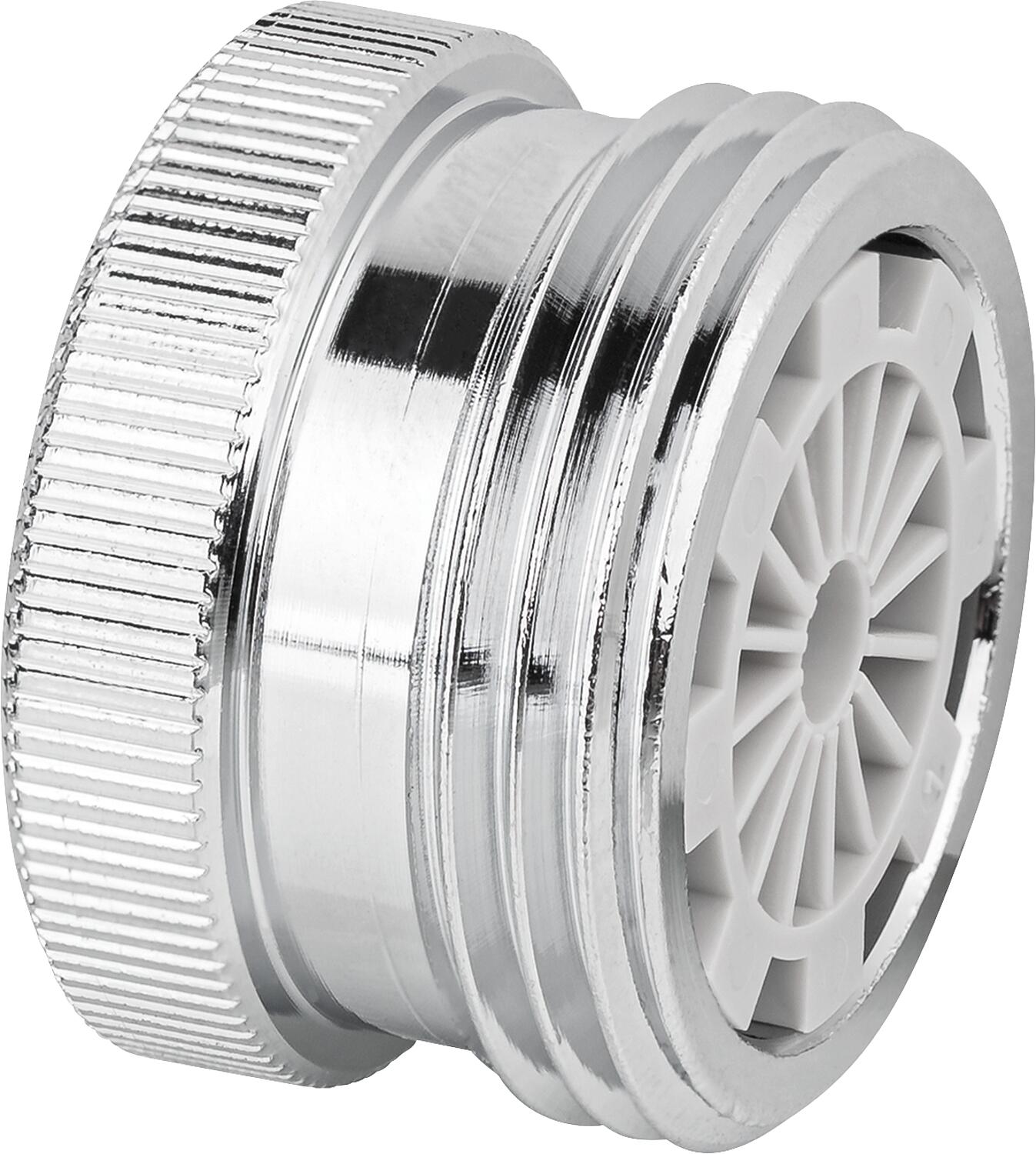 Reducer with soft-beam diffuser and 3/4" male thread, additionally with M22X1 female thread to 3/4" male thread, chrome-plated brass