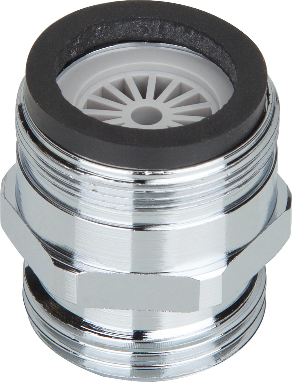 Chrome-plated brass reducer, male thread 28x1 to male thread 3/4", with soft diffuser
