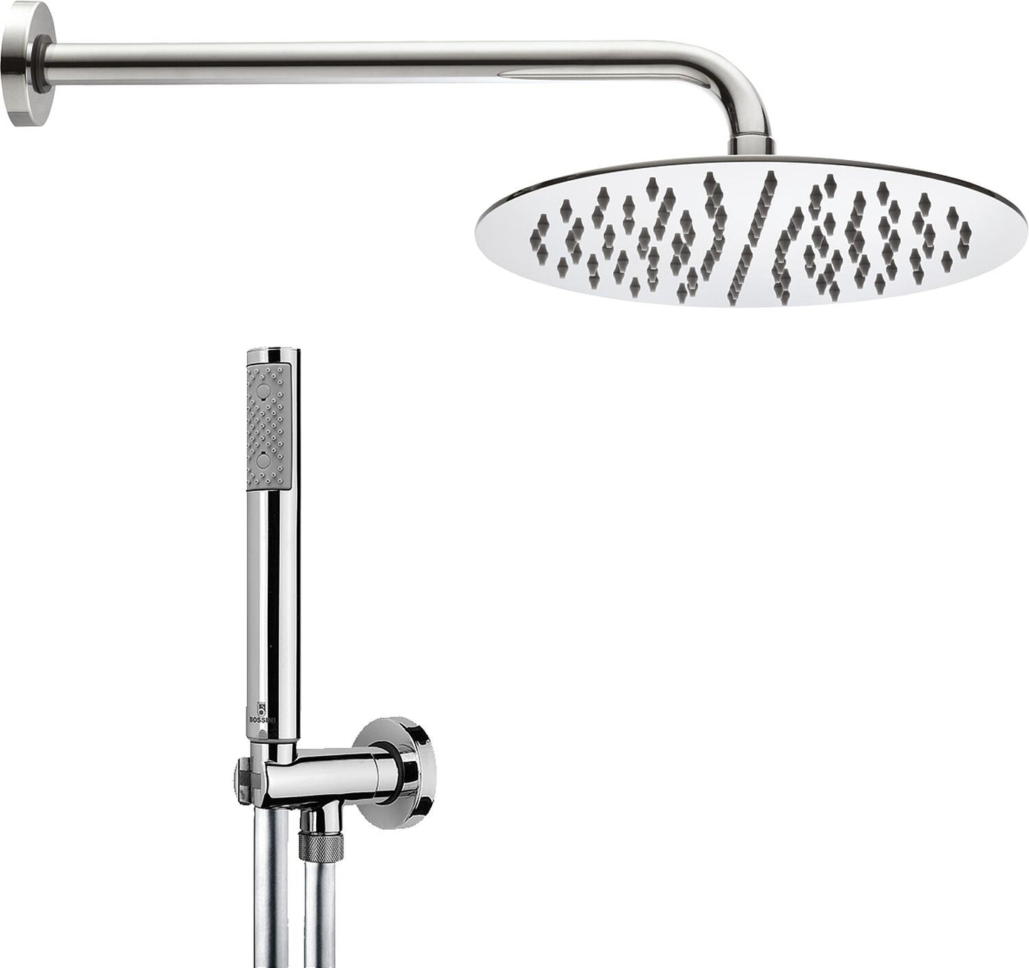 Special offer shower set: Round shower head Ø 250 mm, wall connection pipe 300 mm, hand shower hose chrome