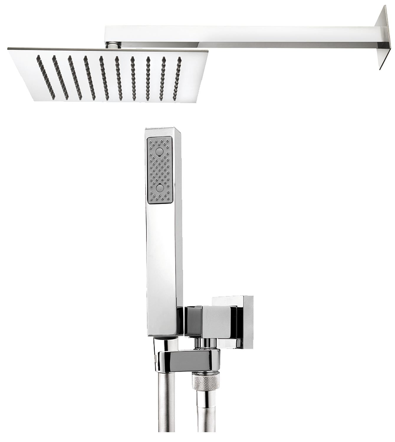 Special offer shower set: Square shower head 250x250 mm, wall connection pipe 300 mm, hand shower hose chrome