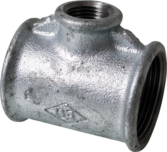Malleable iron fitting, galvanized, No. 130R, reduced tee, Ø 3/8" x 1/2" x 3/8"