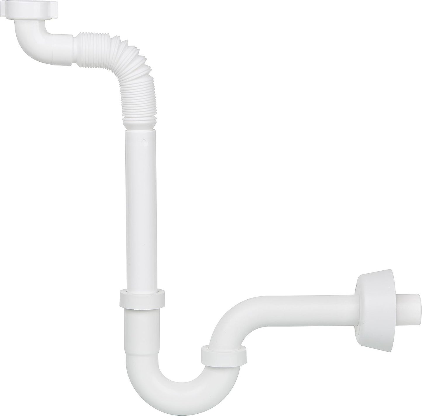 Siphon compact, DN32 (1 1/4") avec tuyau flexible, en plastique blanc