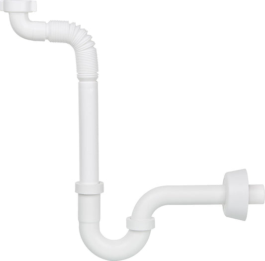 Siphon compact, DN32 (1 1/4") avec tuyau flexible, en plastique blanc