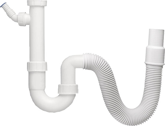 Piège à odeurs pour évier en polypropylène blanc 1 1/2" x 40/50 mm, tuyau de sortie flexible avec raccord pour tuyau d'arrosage
