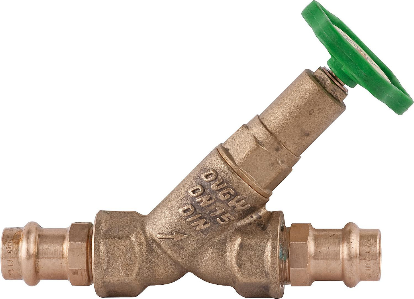 Free-flow valve without drain, non-rising spindle 1528 DN 15, 15 mm press connection V-contour
