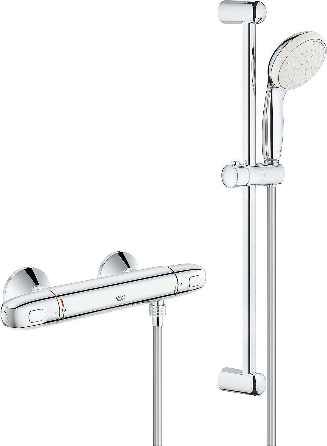 Grohe Grohtherm 1000 shower thermostat set with 600 mm shower rail, 100 mm hand shower and chrome shower hose