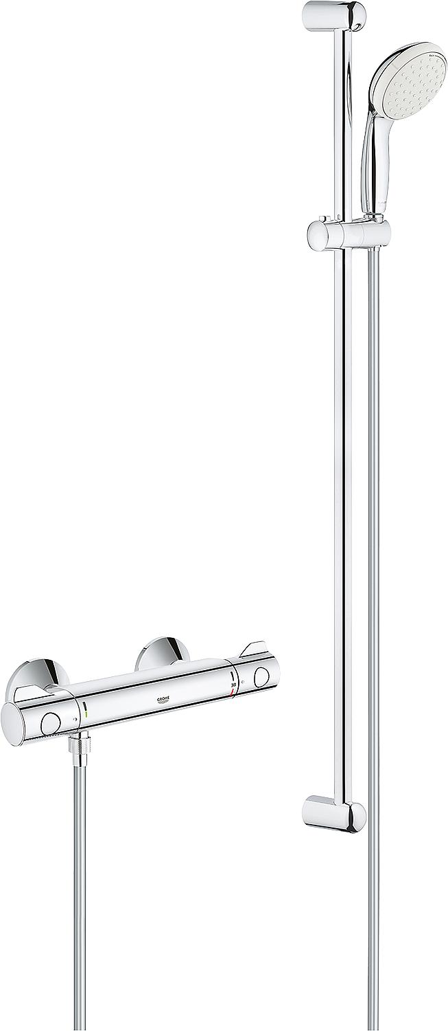 Grohe Grohtherm 800 shower thermostat set with 600 mm shower rail, 100 mm hand shower and chrome shower hose