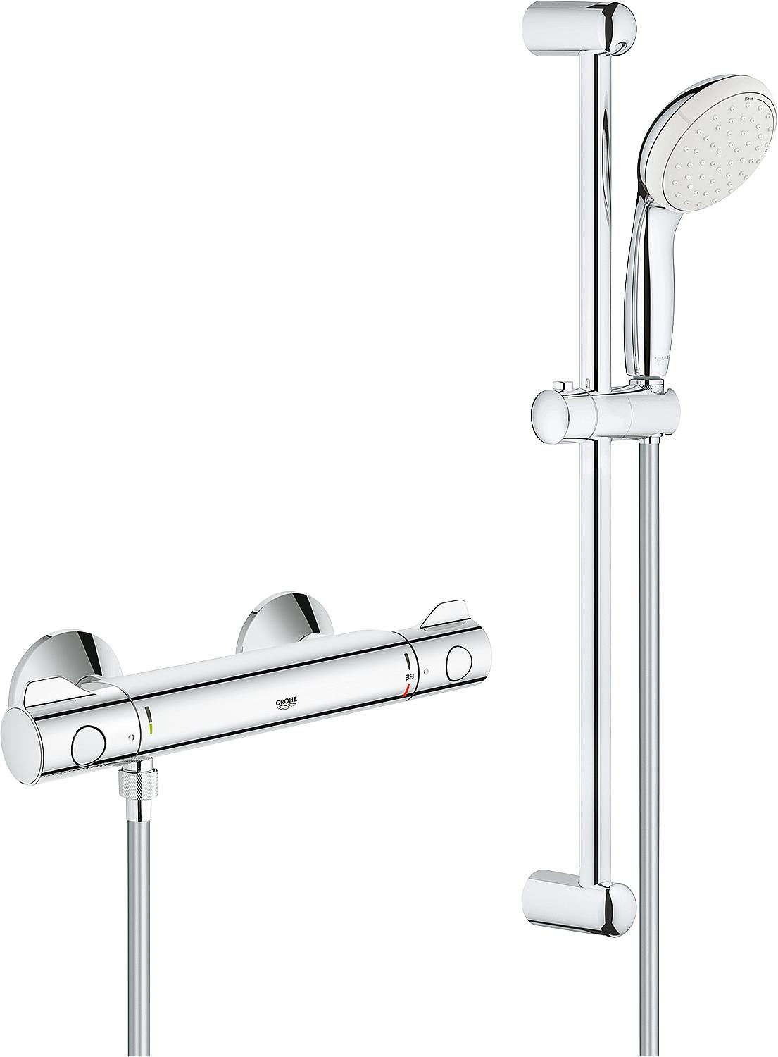 Grohe Grohtherm 800 shower thermostat set with 600 mm shower rail, 100 mm hand shower and chrome shower hose
