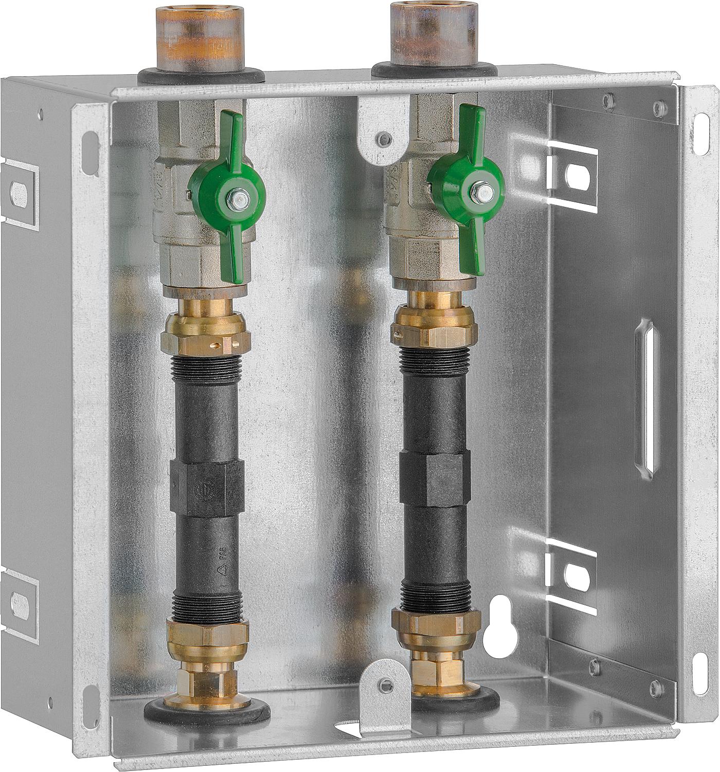 Boîtier d'installation pour compteur d'eau DN20 (3/4"), 2 vannes à bille, adaptateur 110 mm, sans couvercle