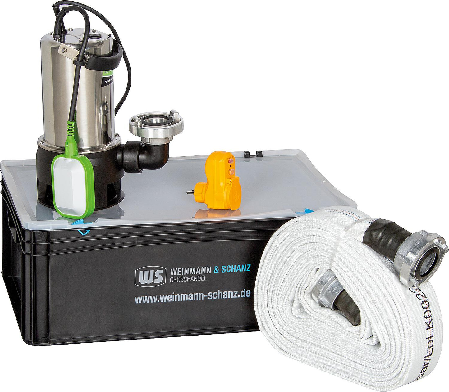 Boîte anti-inondation WS comprenant une pompe en acier inoxydable et un tuyau de chantier de 20 m