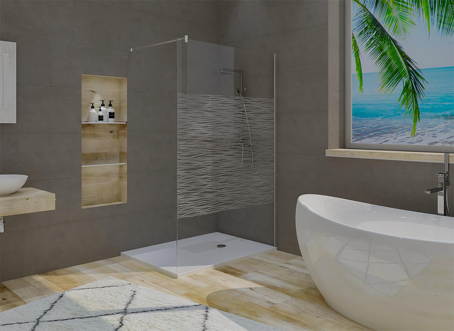 Cabine de douche à l'italienne en verre Jarama avec profilé mural et barre de stabilisation ronde, 1380 x 2000 x 8 mm, sérigraphiée Jarama ETC