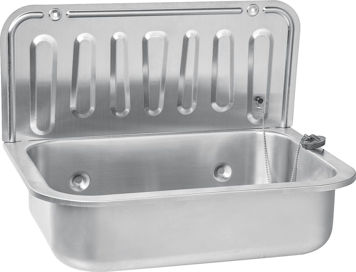 Ausgussbecken aus Edelstahl inkl Ablaufventil, Stopfen und Kette