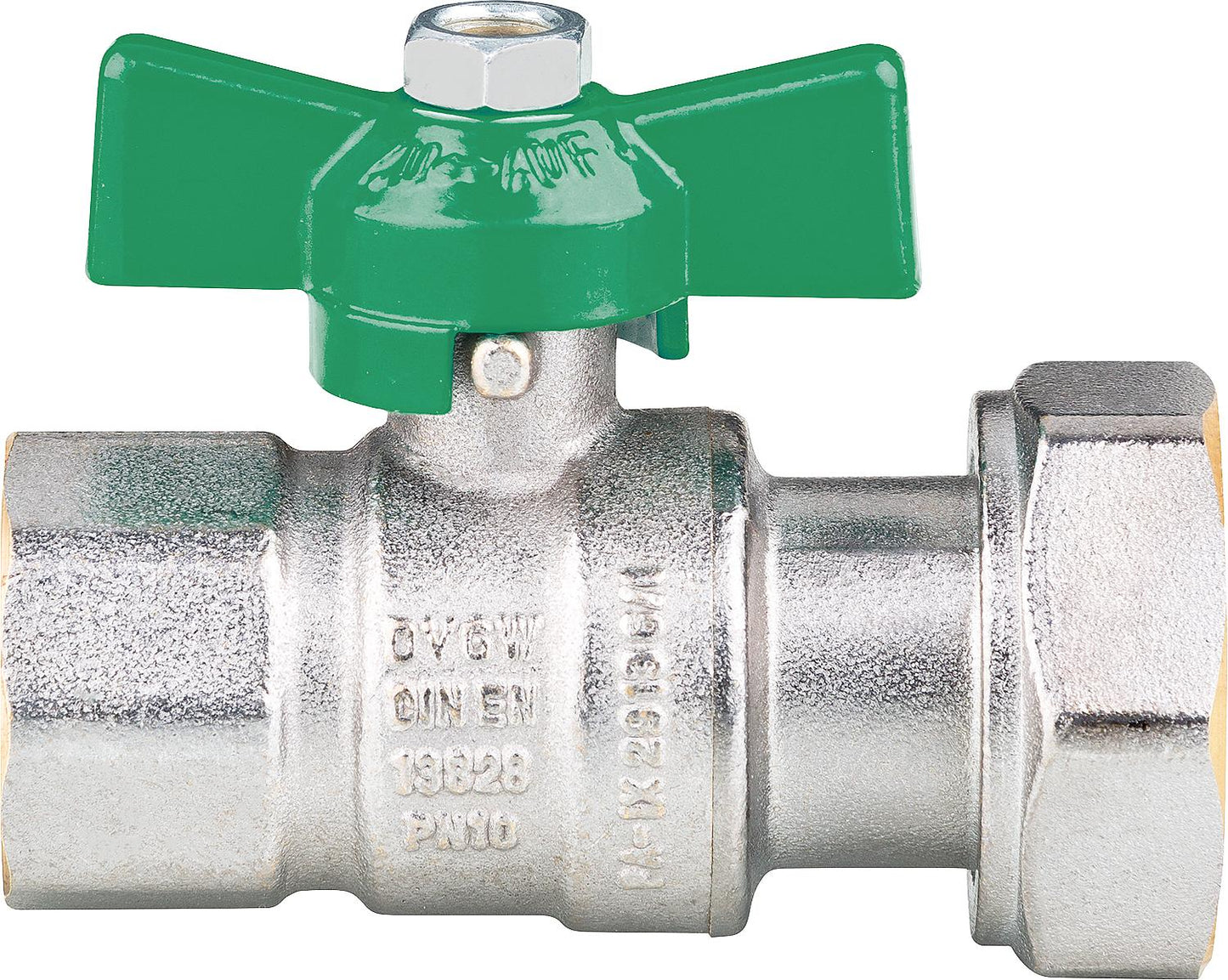 Vanne à bille pour eau potable IG DN20(3/4")xÜWM DN25 (1") laiton chromé, certifiée DVGW.