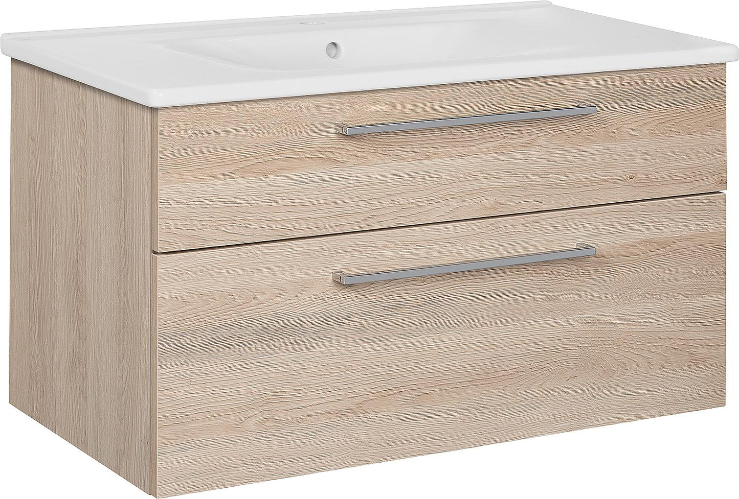 Suri 1 bathroom furniture set with washbasin and ceramic sink, oak decor, cashmere finish, chrome handle, 2 drawers, 930x545x495mm