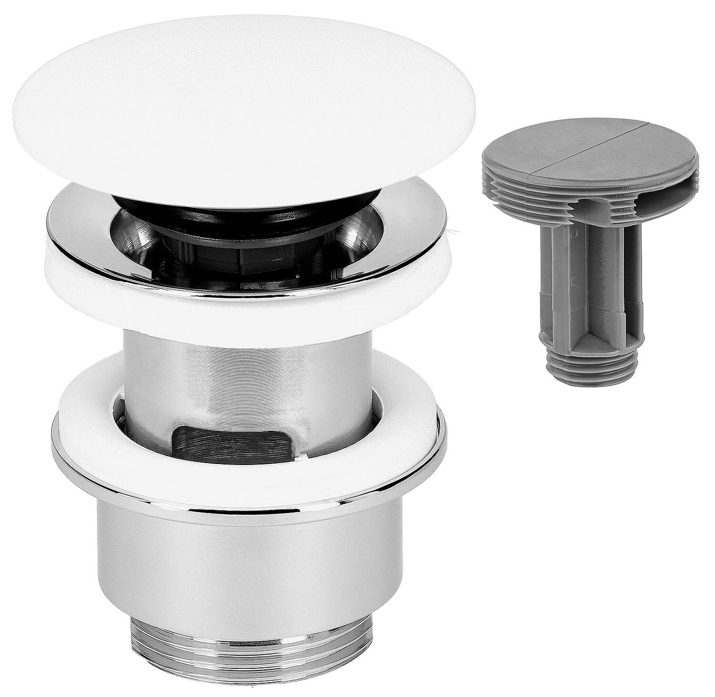 Robinet à tige à commande par clic ou fixe, plaque de recouvrement en Corian, Ø 72 mm, longueur = 30-45 mm, avec trop-plein