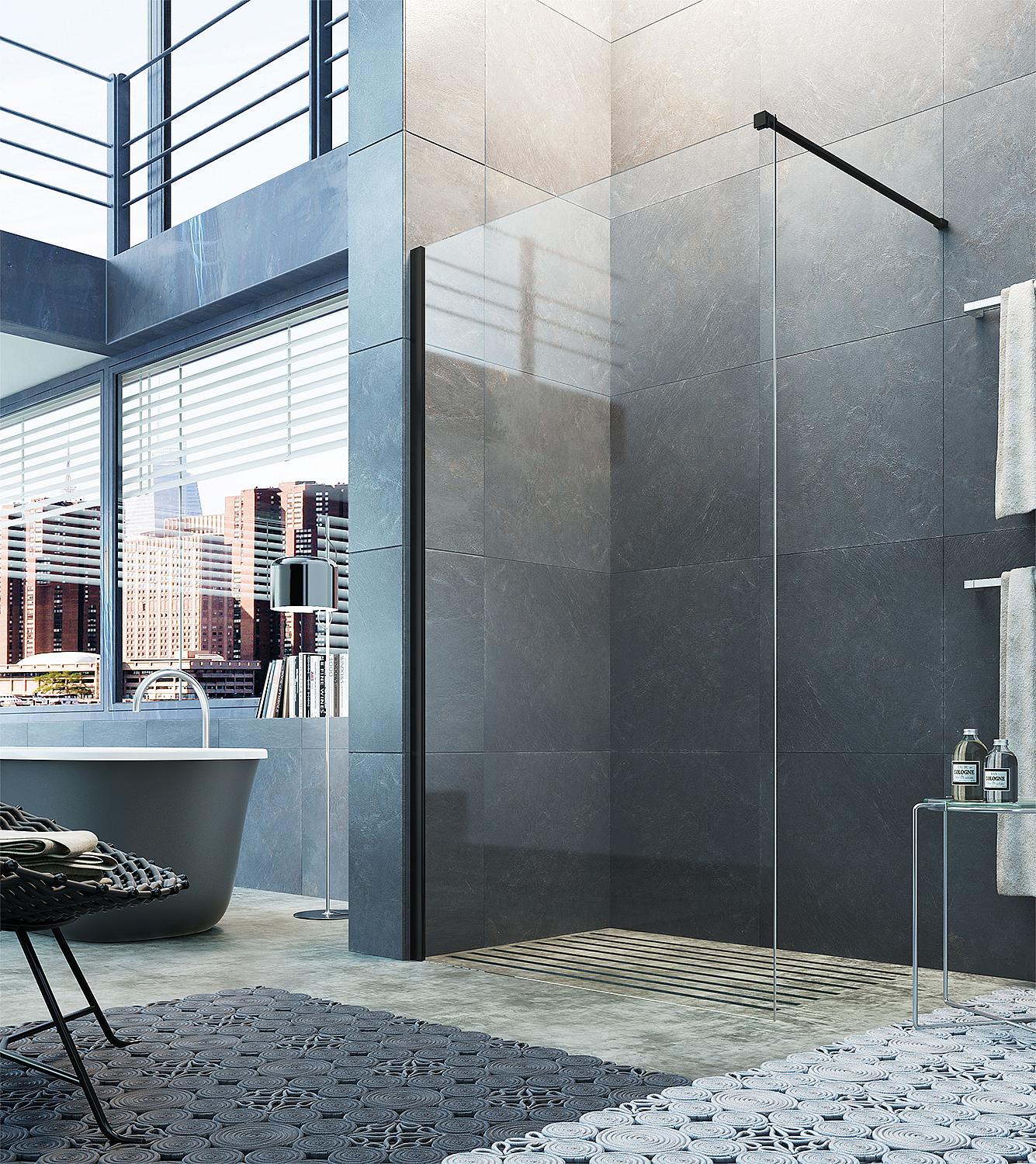 Cabine de douche à l'italienne en verre Liri Nero avec profilé mural et barre de stabilisation, carrée, noir mat, 1570 - 159,5 mm ETC