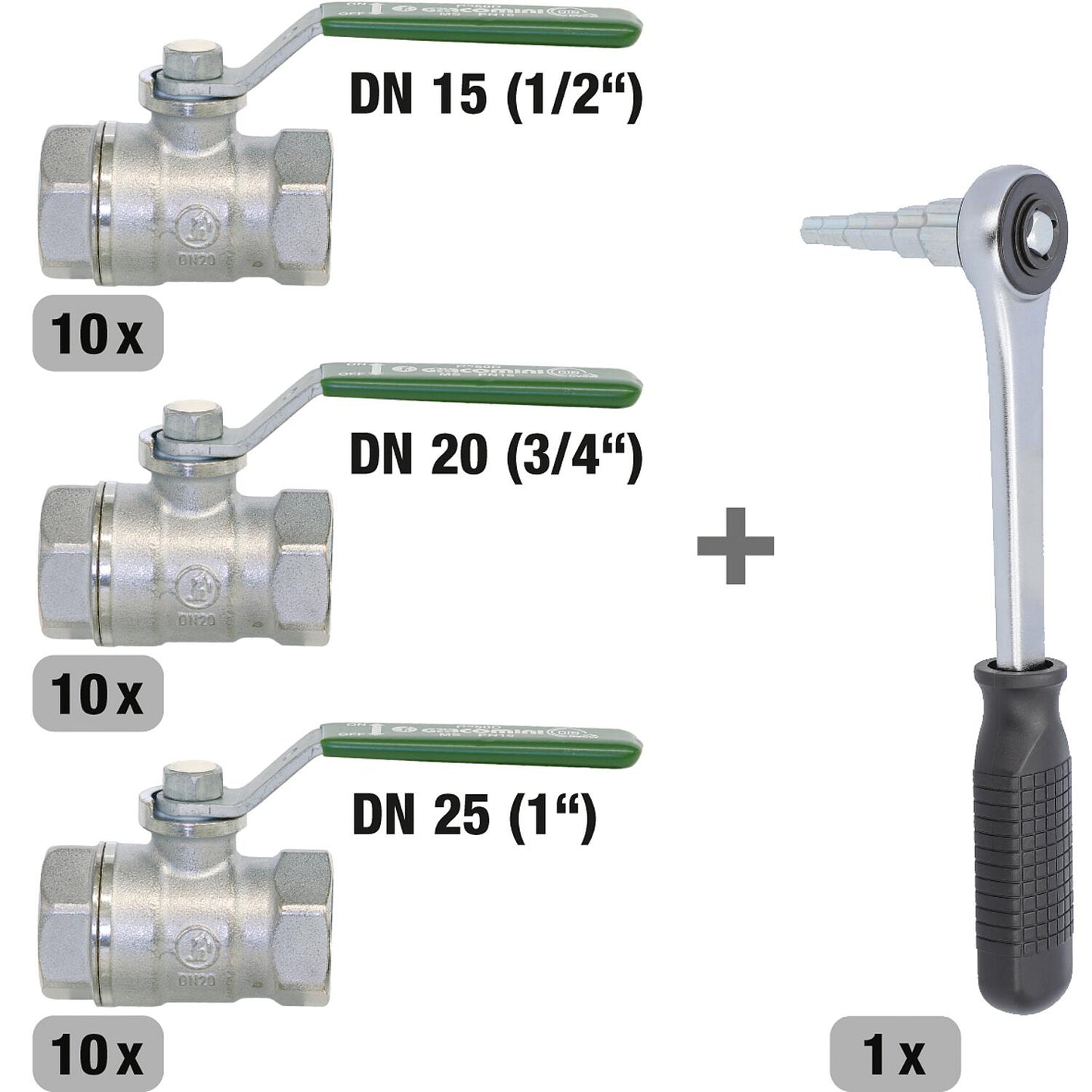 Ensemble de robinets à bille pour eau potable comprenant 10 robinets de chaque diamètre : 1/2", 3/4" et 1", plus 1 clé étagée offerte.