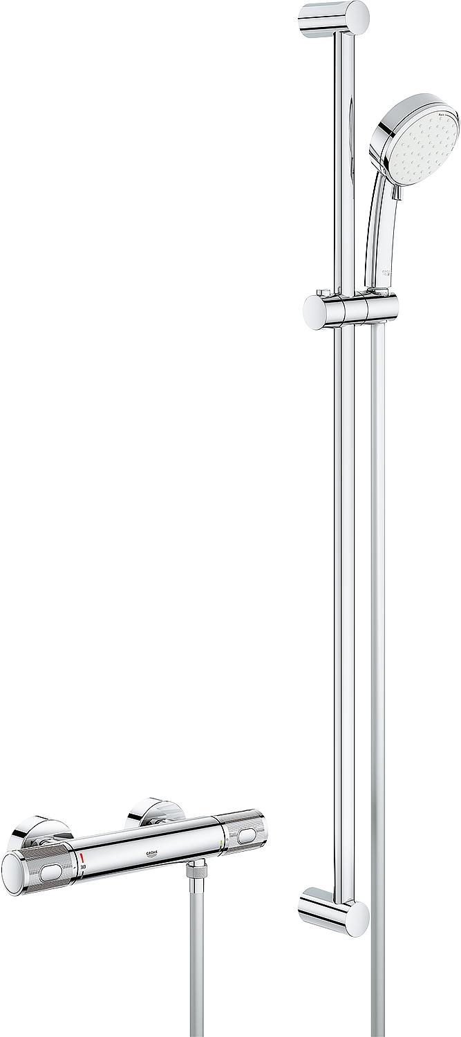 Grohe Grohtherm 1000 Performance shower thermostat set, 900 mm shower rail, 100 mm hand shower and chrome shower hose