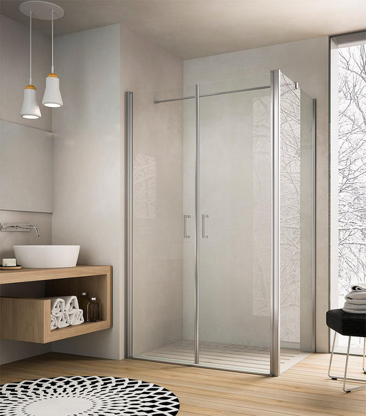 Eck-Duschkabine Eloa 2.0, 2-teilige Pendeltür und 1 Seitenwand mit Stabilisierungsstange