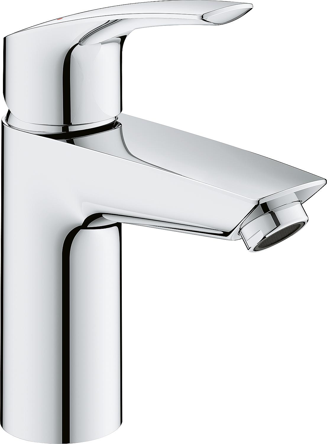 Mitigeur de lavabo Grohe Eurosmart S-Size, saillie de 109 mm, chromé, avec bonde à ouverture par pression et protection thermique contre les brûlures.