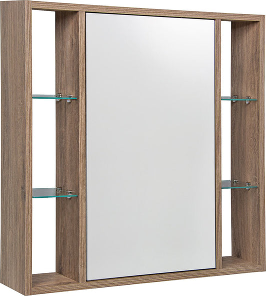 Armoire à miroir porte-bonheur avec panneaux latéraux ouverts et boîte électronique