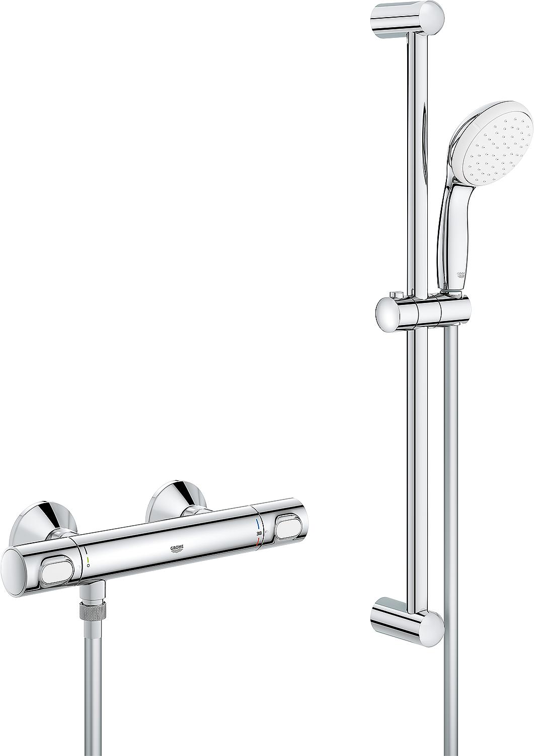 Ensemble thermostat de douche Grohe Grohtherm 500, barre de douche de 900 mm, douchette de 100 mm et flexible de douche chromé.