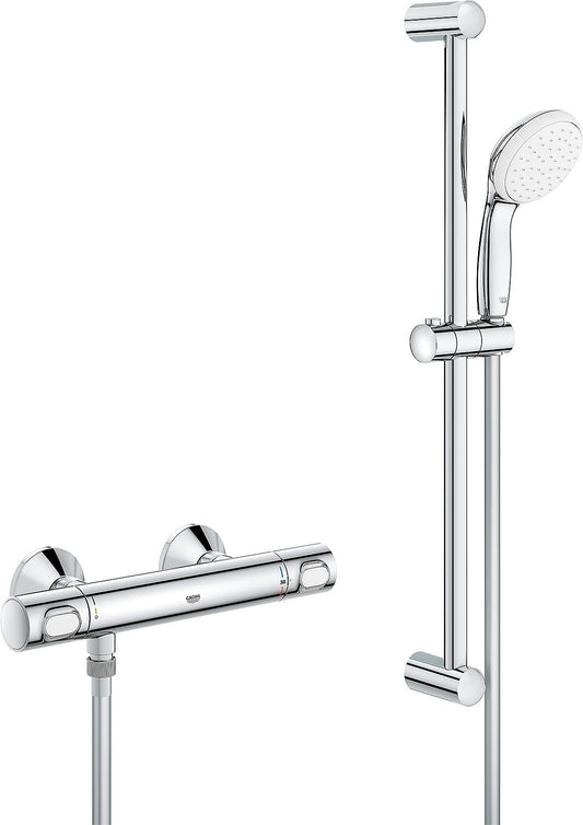 Grohe Grohtherm 500 shower thermostat set, 900 mm shower rail, 100 mm hand shower and chrome shower hose